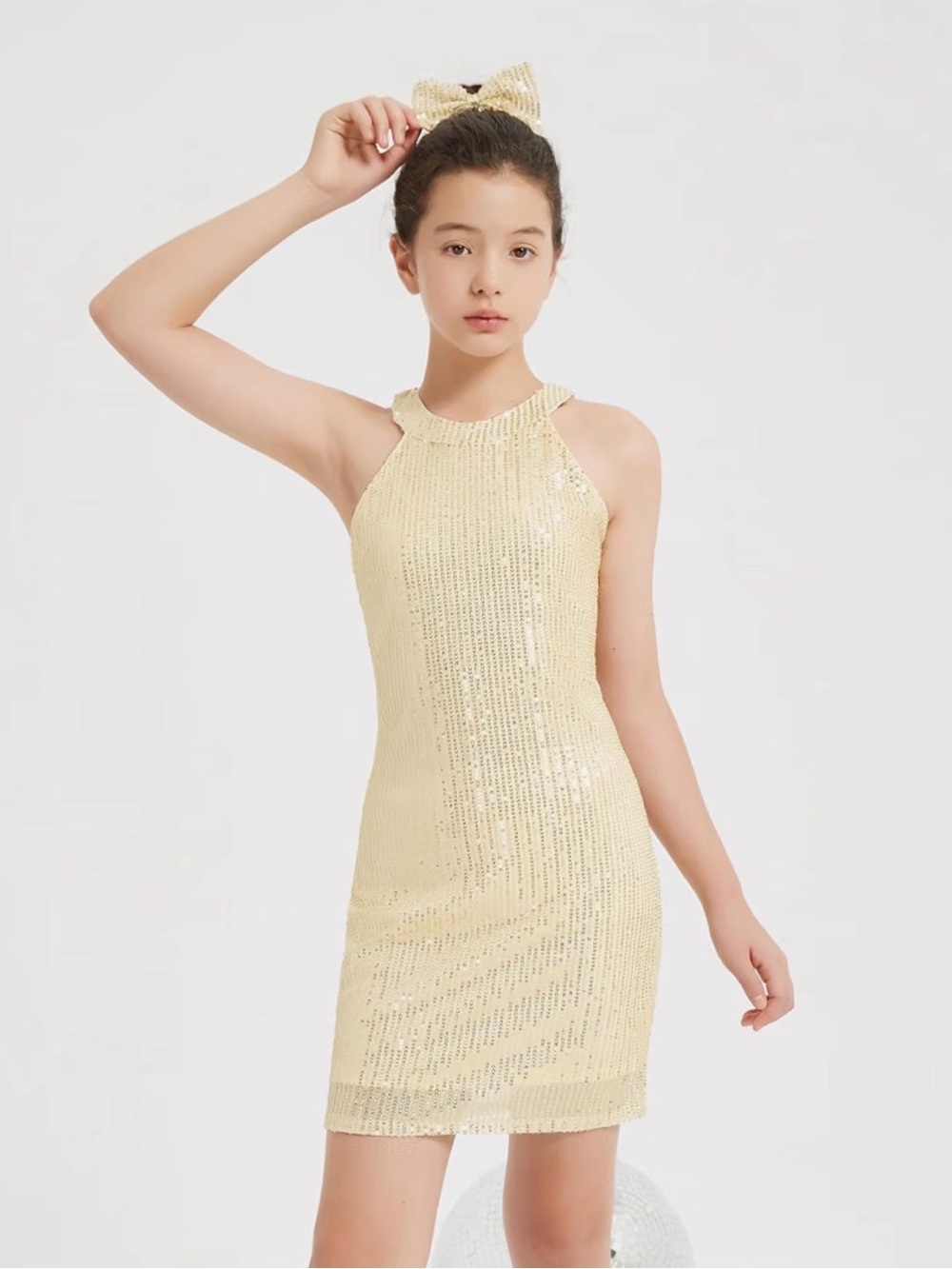 Girls' Sequin Halter Shift Dress in Light Gold Size: 6Y